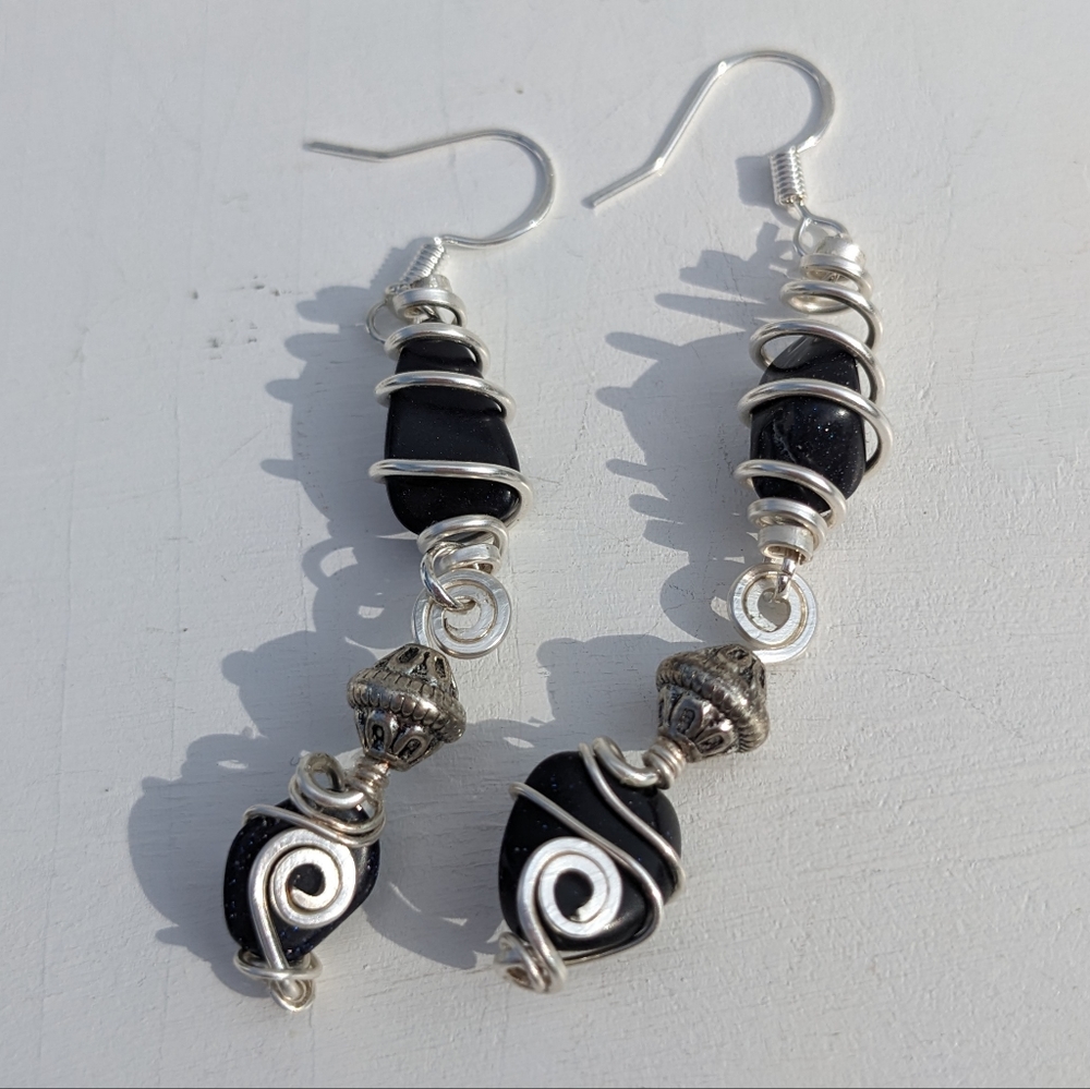 🌟SOLD🌟Goldstone Crystals Silver Earrings Long Positive Attitude Ambition - Picture 3 of 12